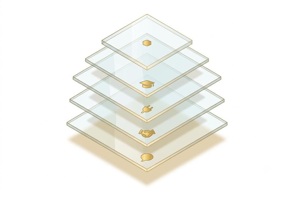 Five stacked glass tiles rising like a pyramid, each carrying a small gold icon — a seal, a graduation cap, a fingerprint, a handshake, a speech bubble. The five verification tiers of the 2SRep ledger.