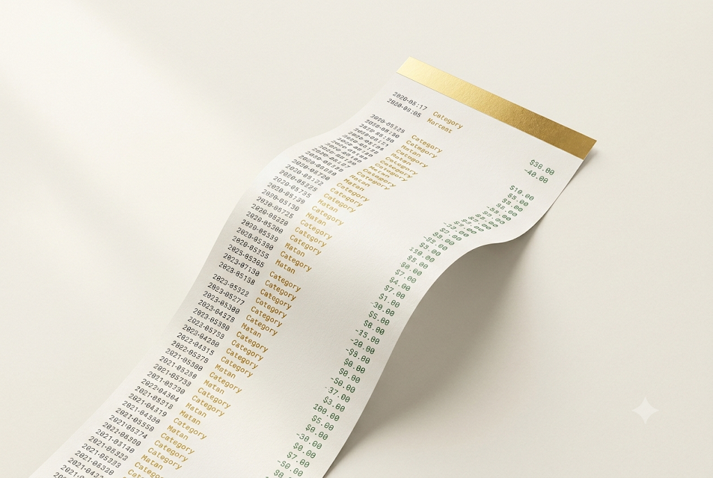 A verified reputation ledger printed on cream paper with gold accent stripe. Rows of timestamps and events, tangible and auditable.